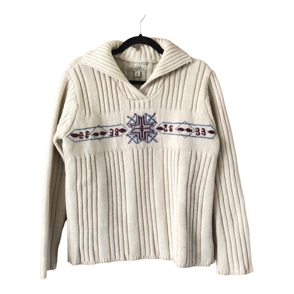 Cabela's Cream Wool Blend Nordic Collared Ribbed Sweater Size Large